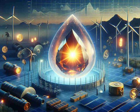 Image that depicts the concept of 'The Hidden Gem of Renewable Energy'. It must show a mysterious, yet lustrous gem amidst an array of renewable energy sources such as wind turbines, solar panels, and hydroelectric dams. The gem glows with a vibrant light, symbolizing untapped potential. Also, include subtle references to financial growth and investment, such as pie charts, growth graphs or ledgers subtly included in the backdrop.