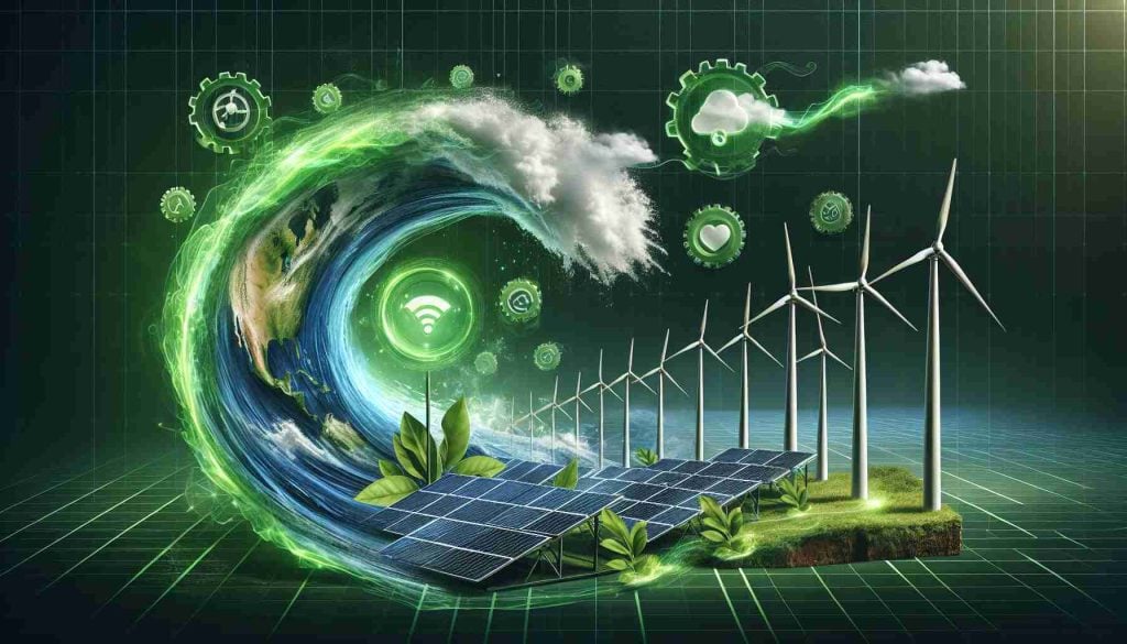 Realistic high-definition image showcasing symbolic representation of a Green Investment Revolution. Depict an abstract concept of action surge, where vibrant green waves of energy are empowering technological icons like solar panels and wind turbines, reflecting sustainable, eco-friendly investments.