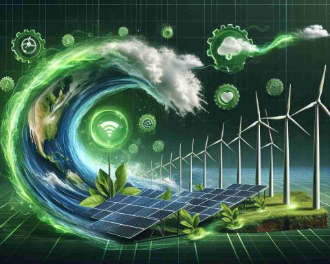 Realistic high-definition image showcasing symbolic representation of a Green Investment Revolution. Depict an abstract concept of action surge, where vibrant green waves of energy are empowering technological icons like solar panels and wind turbines, reflecting sustainable, eco-friendly investments.