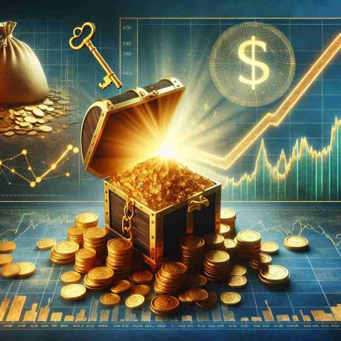 Generate a realistic, high-definition image representing the concept of unveiling secret investment strategies in gold. This should encompass a sense of discovery and surprise, symbolized through elements such as a treasure chest overflowing with gold coins, a hidden gold mine, a detailed financial graph with a rising gold prices line, and a symbolic golden key unlocking this secret knowledge.