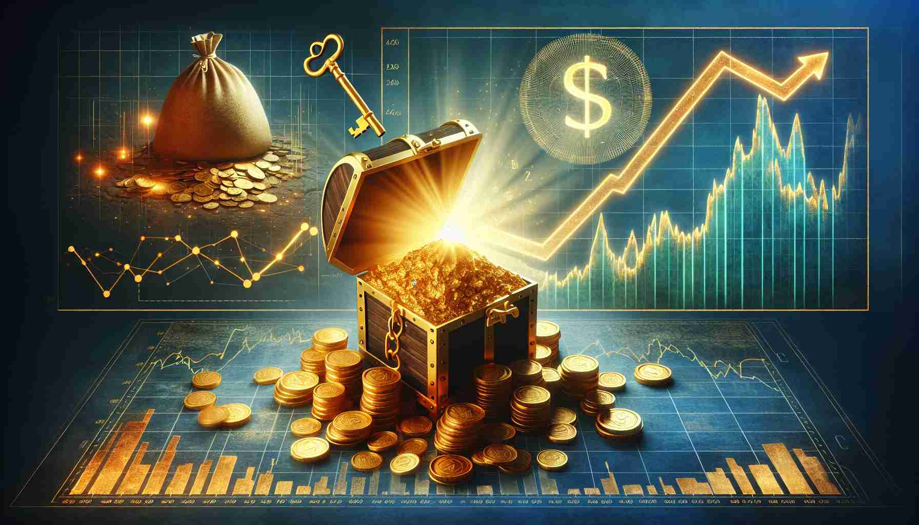 Generate a realistic, high-definition image representing the concept of unveiling secret investment strategies in gold. This should encompass a sense of discovery and surprise, symbolized through elements such as a treasure chest overflowing with gold coins, a hidden gold mine, a detailed financial graph with a rising gold prices line, and a symbolic golden key unlocking this secret knowledge.