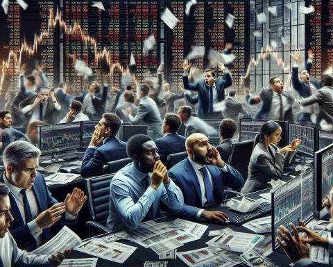 A high-definition, realistic image of a bustling stock market scene showing intense activity. Traders, including Caucasian, Asian, Black, and South Asian men and women, are captured in the moment, their faces displaying a mix of concern and panic. Screens blink rapidly with falling figures, representing a sudden drop in the market. Papers with financial figures are strewn across desks and the floor, symbolizing the market havoc. Despite the chaos, a certain professional calmness prevails as everyone is focused on mitigating the crisis.