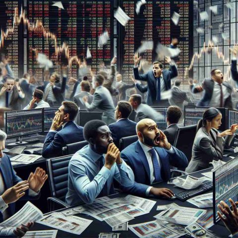 A high-definition, realistic image of a bustling stock market scene showing intense activity. Traders, including Caucasian, Asian, Black, and South Asian men and women, are captured in the moment, their faces displaying a mix of concern and panic. Screens blink rapidly with falling figures, representing a sudden drop in the market. Papers with financial figures are strewn across desks and the floor, symbolizing the market havoc. Despite the chaos, a certain professional calmness prevails as everyone is focused on mitigating the crisis.