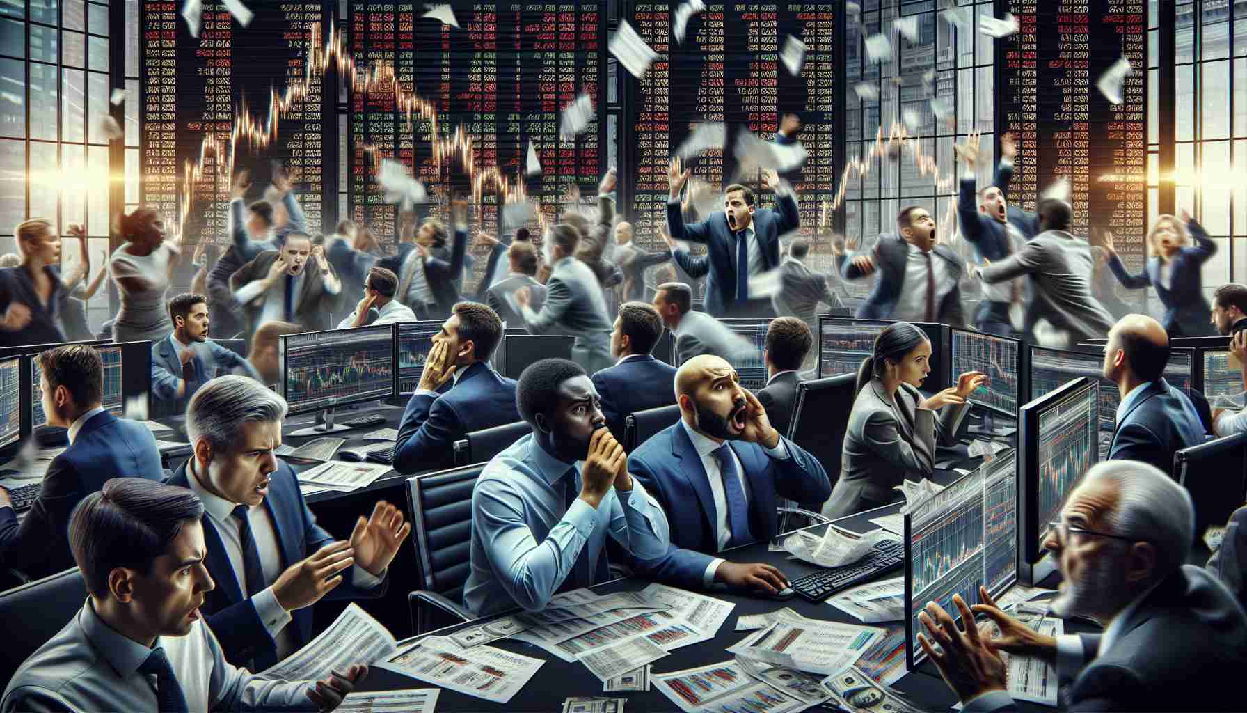 A high-definition, realistic image of a bustling stock market scene showing intense activity. Traders, including Caucasian, Asian, Black, and South Asian men and women, are captured in the moment, their faces displaying a mix of concern and panic. Screens blink rapidly with falling figures, representing a sudden drop in the market. Papers with financial figures are strewn across desks and the floor, symbolizing the market havoc. Despite the chaos, a certain professional calmness prevails as everyone is focused on mitigating the crisis.