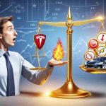 A realistic high-definition illustration capturing the concept of potentially risky investment. This picture shows a person, perhaps an expert, examining a golden balance scale. On one side of the scale, there is the Tesla company logo and on the other, there's a collection of indicators symbolizing risk like a fire icon, a downturn arrow, and a warning sign. This person has a surprised expression on their face.