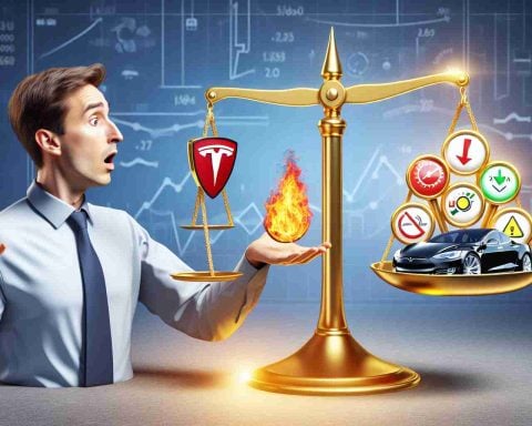 A realistic high-definition illustration capturing the concept of potentially risky investment. This picture shows a person, perhaps an expert, examining a golden balance scale. On one side of the scale, there is the Tesla company logo and on the other, there's a collection of indicators symbolizing risk like a fire icon, a downturn arrow, and a warning sign. This person has a surprised expression on their face.