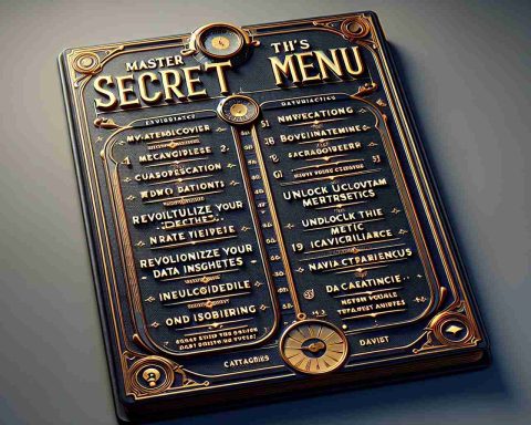 A realistic, high-definition image of a secret menu titled 'Master This Secret Menu'. It displays various categories and data insights. Each category on the menu should be labeled with intriguing titles such as 'Revolutionize Your Data Insights', 'Unlock Undiscovered Metrics', and 'Navigate the Data Universe'. The design should be elaborate and evoke a sense of mystery and intellectual charm, with stylized fonts and a sophisticated color palette.