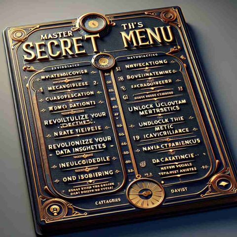 A realistic, high-definition image of a secret menu titled 'Master This Secret Menu'. It displays various categories and data insights. Each category on the menu should be labeled with intriguing titles such as 'Revolutionize Your Data Insights', 'Unlock Undiscovered Metrics', and 'Navigate the Data Universe'. The design should be elaborate and evoke a sense of mystery and intellectual charm, with stylized fonts and a sophisticated color palette.