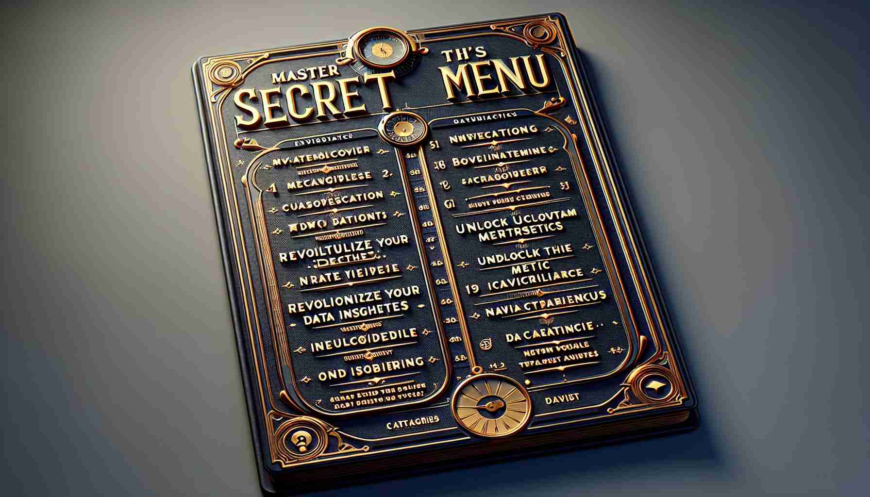 A realistic, high-definition image of a secret menu titled 'Master This Secret Menu'. It displays various categories and data insights. Each category on the menu should be labeled with intriguing titles such as 'Revolutionize Your Data Insights', 'Unlock Undiscovered Metrics', and 'Navigate the Data Universe'. The design should be elaborate and evoke a sense of mystery and intellectual charm, with stylized fonts and a sophisticated color palette.