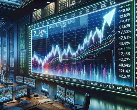 Create an ultra-high-definition, realistic image depicting a surprising surge in the NEE stock price shown on a digital stock market analysis board. The board should vividly display a dramatic upward trend in NEE stock value, with numbers and percentages indicating the record highs. The environment around the board should evoke the atmosphere of a busy modern stock exchange, with screens, charts, and data, but no identifiable people.