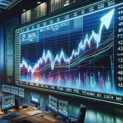 Create an ultra-high-definition, realistic image depicting a surprising surge in the NEE stock price shown on a digital stock market analysis board. The board should vividly display a dramatic upward trend in NEE stock value, with numbers and percentages indicating the record highs. The environment around the board should evoke the atmosphere of a busy modern stock exchange, with screens, charts, and data, but no identifiable people.