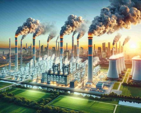 Create a high-definition, photorealistic image illustrating a significant decrease in harmful emissions. Picture this as a result of a revolutionary energy technology. Include an array of towering smokestacks previously belching dark smoke, now emitting clear air. Add a skyline characterized by fresh, clean-looking atmosphere. Also, depict the energy technology as an ultra-modern facility with cutting-edge design, emitting a vibrant glow of clean energy. Surrounding the facility, show lush green fields symbolizing environmental rejuvenation.