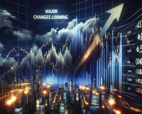 Create a realistic, high-definition image portraying a metaphorical scene that encapsulates the essence of major changes looming. Include the concept of stock prices skyrocketing, visualized as a group of illuminated ascending lines on multiple digital display screens, symbolizing a strong stock market performance due to some shocking news.