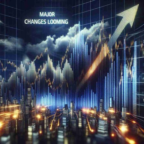 Create a realistic, high-definition image portraying a metaphorical scene that encapsulates the essence of major changes looming. Include the concept of stock prices skyrocketing, visualized as a group of illuminated ascending lines on multiple digital display screens, symbolizing a strong stock market performance due to some shocking news.