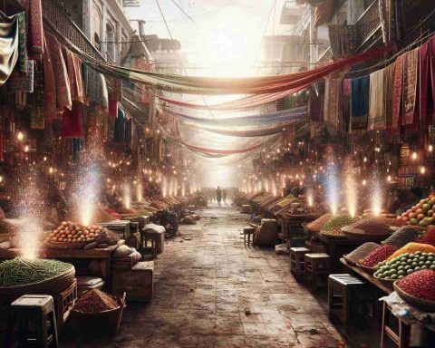 High-definition realistic photo of a bustling market in India. The place is filled with anticipation, as if a major event is about to unfold. Stalls are stocked with vibrant textiles, spices, fruits, and traditional handicrafts. The air sparkles with a sense of tension, hinting at the upcoming victory that is expected to trigger a significant change.