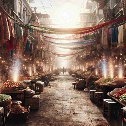 High-definition realistic photo of a bustling market in India. The place is filled with anticipation, as if a major event is about to unfold. Stalls are stocked with vibrant textiles, spices, fruits, and traditional handicrafts. The air sparkles with a sense of tension, hinting at the upcoming victory that is expected to trigger a significant change.