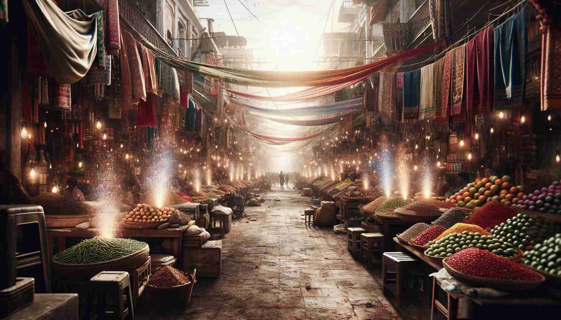 High-definition realistic photo of a bustling market in India. The place is filled with anticipation, as if a major event is about to unfold. Stalls are stocked with vibrant textiles, spices, fruits, and traditional handicrafts. The air sparkles with a sense of tension, hinting at the upcoming victory that is expected to trigger a significant change.