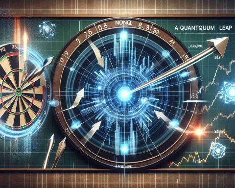 A high-definition image illustrating the concept of 'A Quantum Leap for Investors'. It could feature a dartboard or stock market graph representing NYSE: IONQ, with arrows indicating upward movement showing the growth. This should be combined with visual elements that symbolize quantum physics, like quantum entanglement, qubits, or atom models. No people or faces should appear in the image.