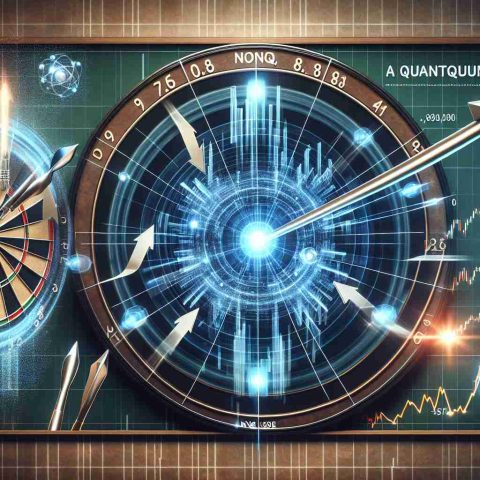 A high-definition image illustrating the concept of 'A Quantum Leap for Investors'. It could feature a dartboard or stock market graph representing NYSE: IONQ, with arrows indicating upward movement showing the growth. This should be combined with visual elements that symbolize quantum physics, like quantum entanglement, qubits, or atom models. No people or faces should appear in the image.