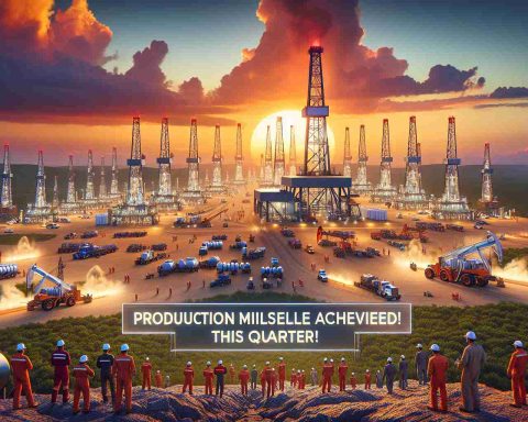 A hyper-realistic high definition image representing a major production milestone. The scene depicts a booming oilfield under the striking sunset which is a metaphor for how Devon Energy has surpassed expectations this quarter. There are numerous active drilling rigs scattered across the landscape, reaching deep into the Earth's crust. Workers of different descents, Caucasian, Hispanic, Middle-Eastern, South-Asian, Black and White, are seen around the site, fulfilling different roles showing the diversity and inclusiveness in the energy sector. Optional text overlay can read 'Production Milestone Achieved!'