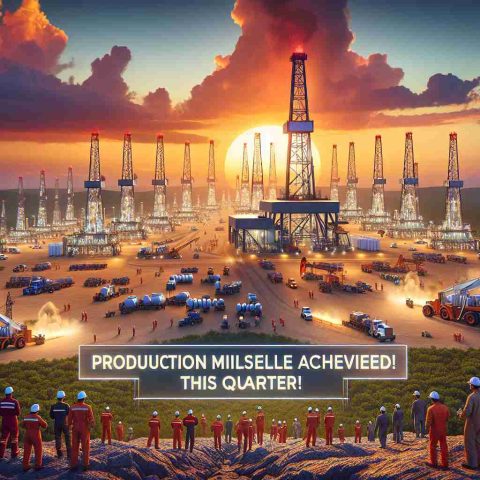 A hyper-realistic high definition image representing a major production milestone. The scene depicts a booming oilfield under the striking sunset which is a metaphor for how Devon Energy has surpassed expectations this quarter. There are numerous active drilling rigs scattered across the landscape, reaching deep into the Earth's crust. Workers of different descents, Caucasian, Hispanic, Middle-Eastern, South-Asian, Black and White, are seen around the site, fulfilling different roles showing the diversity and inclusiveness in the energy sector. Optional text overlay can read 'Production Milestone Achieved!'