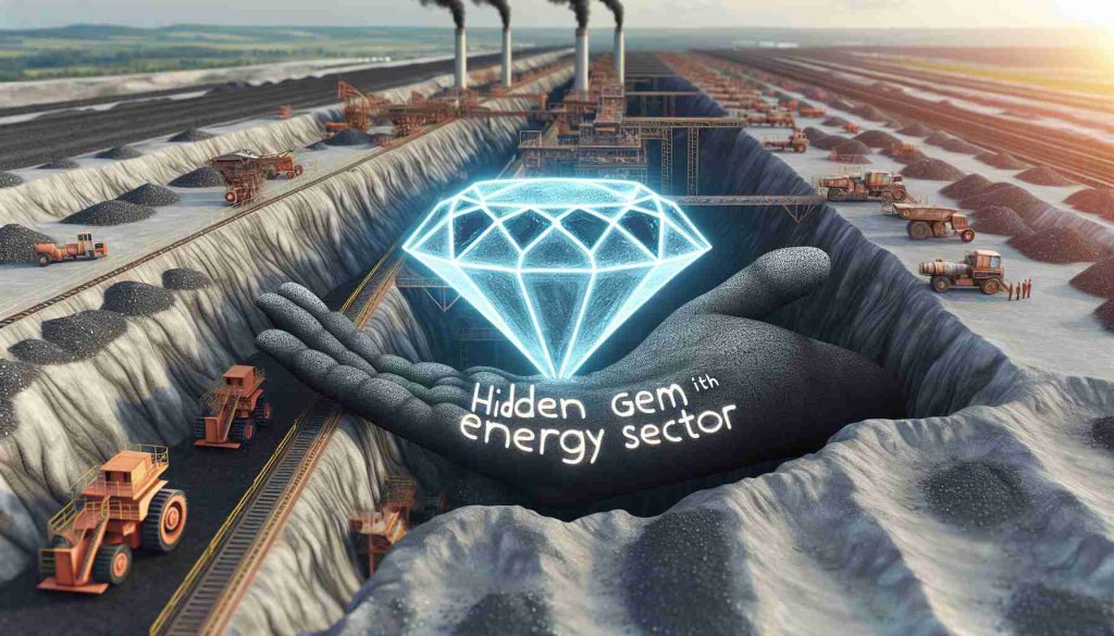 A high definition, realistic image illustrating the concept of a 'Hidden Gem in the Energy Sector'. The scene could include an expanse of a coal mine with machinery in operation, symbolizing Coal India. Above the coal mine, place a large, sparkling hand-drawn gem, with text engraved saying 'Hidden Gem in the Energy Sector'.