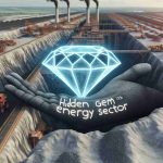 A high definition, realistic image illustrating the concept of a 'Hidden Gem in the Energy Sector'. The scene could include an expanse of a coal mine with machinery in operation, symbolizing Coal India. Above the coal mine, place a large, sparkling hand-drawn gem, with text engraved saying 'Hidden Gem in the Energy Sector'.