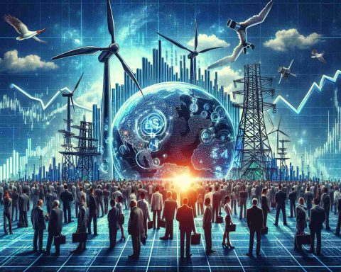 Generate an image embodying the headline 'Energy Sector Shocker! Stocks Skyrocket, Market Primed for Action.' The image can include a symbolic representation of the energy sector such as wind turbines, solar panels, or oil rigs. Alongside, display a rising stock chart or a graph to illustrate the 'Stocks Skyrocket' component. To captivate the 'Market Primed for Action' phrase, exhibit an energetic crowd of diverse traders, including Caucasian and Hispanic women, and Black and South Asian men, in a bustling stock exchange. Do not forget to add a realistic, high definition rendering style to the image.