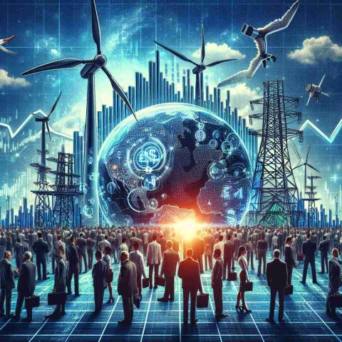 Generate an image embodying the headline 'Energy Sector Shocker! Stocks Skyrocket, Market Primed for Action.' The image can include a symbolic representation of the energy sector such as wind turbines, solar panels, or oil rigs. Alongside, display a rising stock chart or a graph to illustrate the 'Stocks Skyrocket' component. To captivate the 'Market Primed for Action' phrase, exhibit an energetic crowd of diverse traders, including Caucasian and Hispanic women, and Black and South Asian men, in a bustling stock exchange. Do not forget to add a realistic, high definition rendering style to the image.