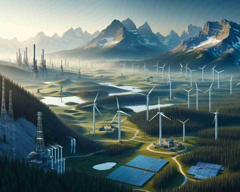 A high-definition, realistic image of the energy revolution in Alberta. Focus on portraying the contrast between the tranquil, breathtaking natural landscapes and the emergence of innovative, sustainable energy sources. Visualize wind turbines juxtaposed with towering mountains, solar panels spread out over vast plains, and geothermal installations anchored in secluded forests. Incorporate subtle evidence of underground energy reservoirs, such as drilling rigs and pipelines. Above all, the image should spark curiosity and illustrate the exciting question: what lies beneath?