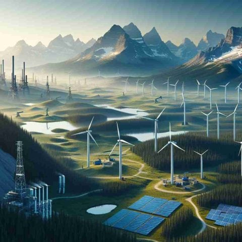 A high-definition, realistic image of the energy revolution in Alberta. Focus on portraying the contrast between the tranquil, breathtaking natural landscapes and the emergence of innovative, sustainable energy sources. Visualize wind turbines juxtaposed with towering mountains, solar panels spread out over vast plains, and geothermal installations anchored in secluded forests. Incorporate subtle evidence of underground energy reservoirs, such as drilling rigs and pipelines. Above all, the image should spark curiosity and illustrate the exciting question: what lies beneath?