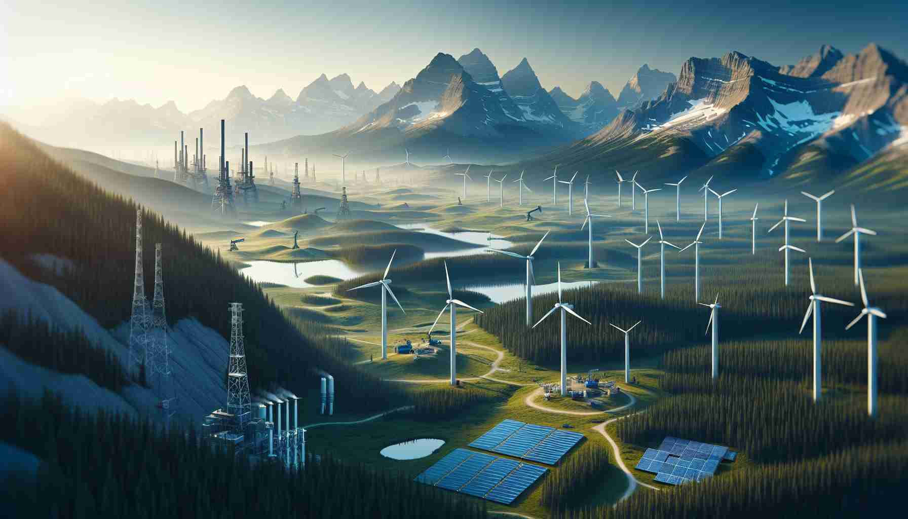 A high-definition, realistic image of the energy revolution in Alberta. Focus on portraying the contrast between the tranquil, breathtaking natural landscapes and the emergence of innovative, sustainable energy sources. Visualize wind turbines juxtaposed with towering mountains, solar panels spread out over vast plains, and geothermal installations anchored in secluded forests. Incorporate subtle evidence of underground energy reservoirs, such as drilling rigs and pipelines. Above all, the image should spark curiosity and illustrate the exciting question: what lies beneath?