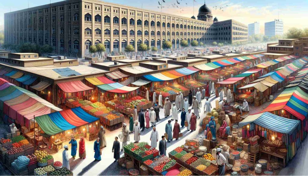 Realistic HD image of an animated, bustling marketplace, rich in details. Colorful stalls are filled with produce, textiles, and trinkets from around the world, buyers gossiping while going about their shopping, and vendors, displaying their goods and selling them. The picture radiates tension that symbolises the market being on edge. Beside this, under daylight, an illustration of an energy company headquarters. Workers are busy making decisions and planning for future projects which would impact the direction of the company.