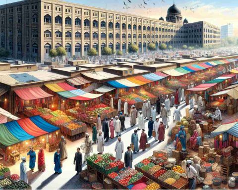 Realistic HD image of an animated, bustling marketplace, rich in details. Colorful stalls are filled with produce, textiles, and trinkets from around the world, buyers gossiping while going about their shopping, and vendors, displaying their goods and selling them. The picture radiates tension that symbolises the market being on edge. Beside this, under daylight, an illustration of an energy company headquarters. Workers are busy making decisions and planning for future projects which would impact the direction of the company.