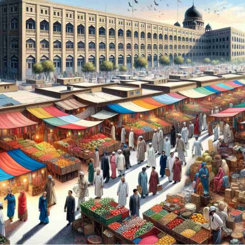 Realistic HD image of an animated, bustling marketplace, rich in details. Colorful stalls are filled with produce, textiles, and trinkets from around the world, buyers gossiping while going about their shopping, and vendors, displaying their goods and selling them. The picture radiates tension that symbolises the market being on edge. Beside this, under daylight, an illustration of an energy company headquarters. Workers are busy making decisions and planning for future projects which would impact the direction of the company.