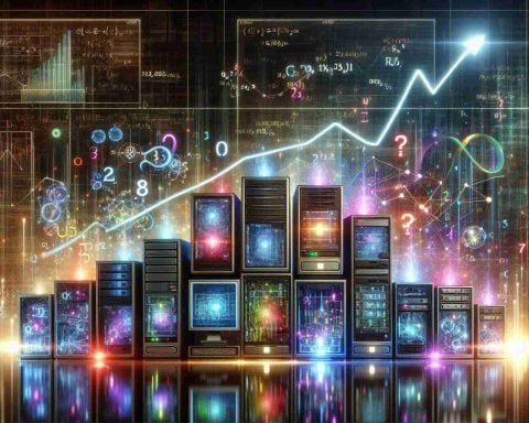 Realistic high-definition image illustrating the phenomenon of Quantum Leap in Computing. Visualize a cluster of futuristic and advanced computers glowing with multicolored lights. Include numbers, equations, and holographs floating around to symbolize technological advancement. In the background, depict a rising line graph to signify a surprising catalyst driving a stock surge. RGB color lights illuminating the machines and monitors showing positive trends in the financial market.