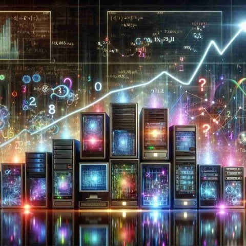 Realistic high-definition image illustrating the phenomenon of Quantum Leap in Computing. Visualize a cluster of futuristic and advanced computers glowing with multicolored lights. Include numbers, equations, and holographs floating around to symbolize technological advancement. In the background, depict a rising line graph to signify a surprising catalyst driving a stock surge. RGB color lights illuminating the machines and monitors showing positive trends in the financial market.