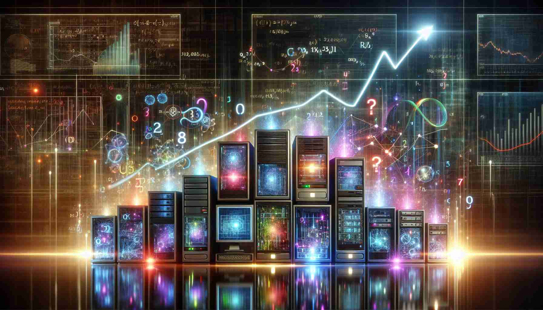 Realistic high-definition image illustrating the phenomenon of Quantum Leap in Computing. Visualize a cluster of futuristic and advanced computers glowing with multicolored lights. Include numbers, equations, and holographs floating around to symbolize technological advancement. In the background, depict a rising line graph to signify a surprising catalyst driving a stock surge. RGB color lights illuminating the machines and monitors showing positive trends in the financial market.