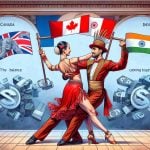 An image with a visual metaphor portraying the economic shift between Canada and India. Show this as two skilled dancers, one representing Canada in traditional Canadian attire and the other representing India in traditional Indian attire, performing a tango in an opulent ballroom. Each dance move should symbolize the delicate balance, coming together, and the maneuvering seen in an economics relationship. The background of the image should feature motifs of financial symbols both from Canada and India, emphasizing the theme of their new financial tango in high definition.