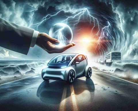 Create a realistic, high-definition conceptual image of an electric car company facing possible challenges. The image might include a futuristic electric vehicle on a stormy road, signaling uncertainty ahead, and a visionary behind the car, indicating the driving force. Include a crystal ball in the hands of a financial market expert, who is trying to predict the future of this company, reflecting the idea of prognostication.