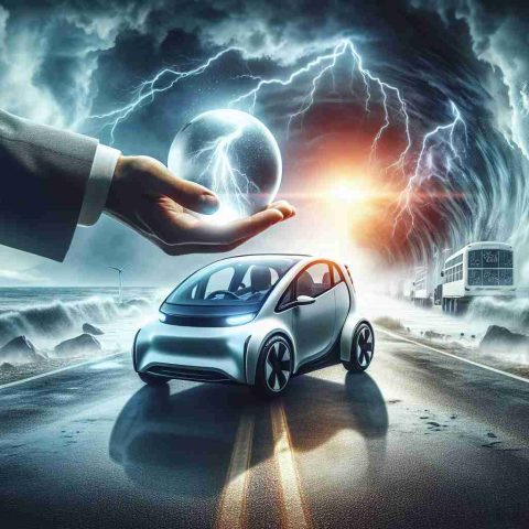 Create a realistic, high-definition conceptual image of an electric car company facing possible challenges. The image might include a futuristic electric vehicle on a stormy road, signaling uncertainty ahead, and a visionary behind the car, indicating the driving force. Include a crystal ball in the hands of a financial market expert, who is trying to predict the future of this company, reflecting the idea of prognostication.