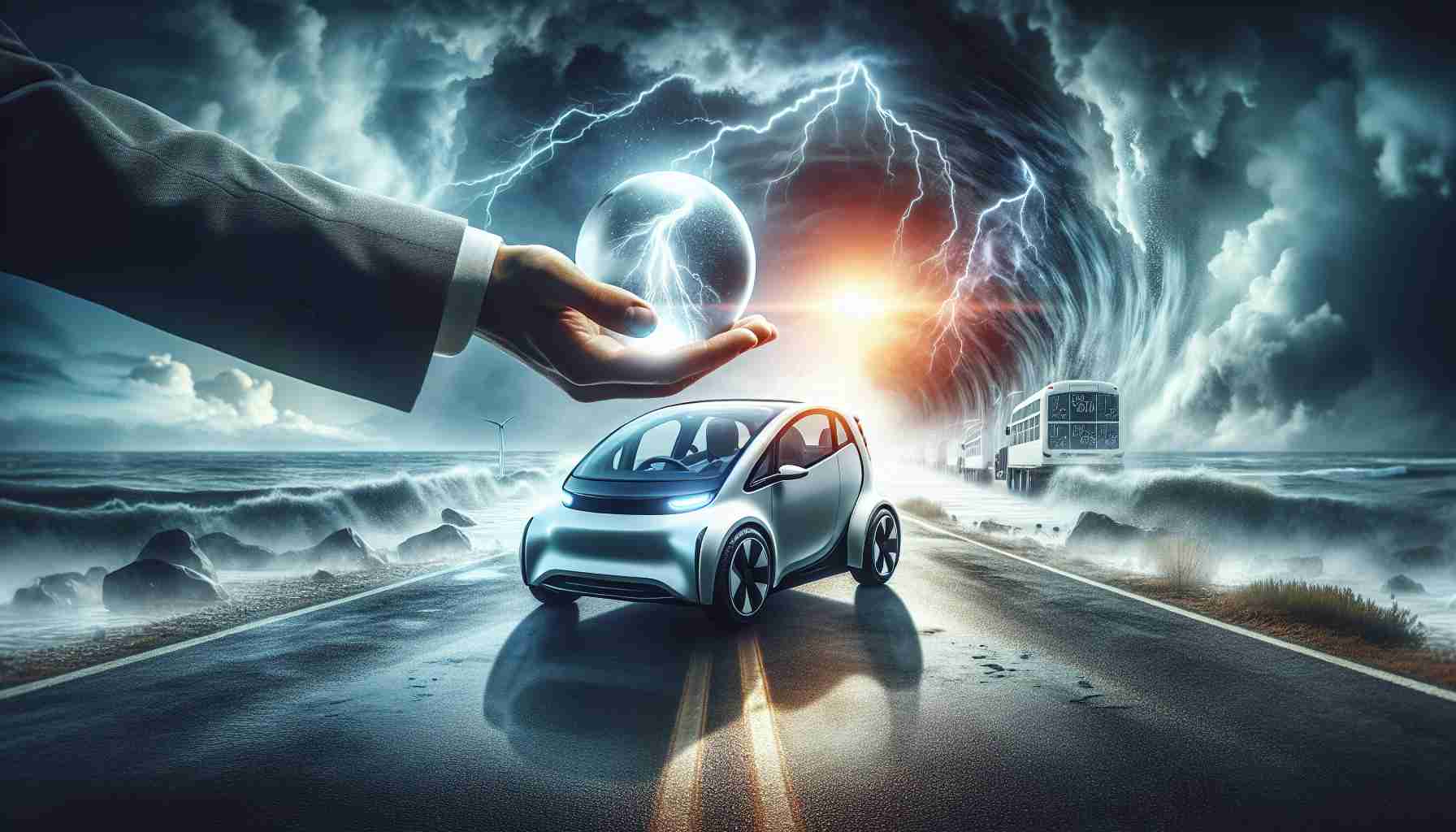 Create a realistic, high-definition conceptual image of an electric car company facing possible challenges. The image might include a futuristic electric vehicle on a stormy road, signaling uncertainty ahead, and a visionary behind the car, indicating the driving force. Include a crystal ball in the hands of a financial market expert, who is trying to predict the future of this company, reflecting the idea of prognostication.