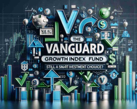 Realistic HD image of the text 'Is the Vanguard Growth Index Fund (VGENX) Still a Smart Investment Choice?' embellished with financial symbols and elements. The text is in bold letters, with iconography of stocks, and graphs in the background. The overall color scheme is a mix of corporate blues and greens.