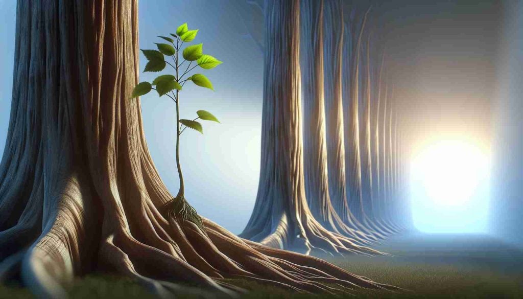 An HD realistic depiction of a metaphorical concept: a small, vibrant sprouting plant on the left, symbolising a thriving but relatively new artificial intelligence company. It's surpassing a row of towering and seemingly invincible, ancient trees on the right, representing the major, established industry giants. The perspective illustrates the plant towering above these trees, symbolising it surpassing all odds and rising above the competition in a surprising, impressive manner.