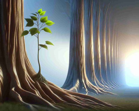 An HD realistic depiction of a metaphorical concept: a small, vibrant sprouting plant on the left, symbolising a thriving but relatively new artificial intelligence company. It's surpassing a row of towering and seemingly invincible, ancient trees on the right, representing the major, established industry giants. The perspective illustrates the plant towering above these trees, symbolising it surpassing all odds and rising above the competition in a surprising, impressive manner.