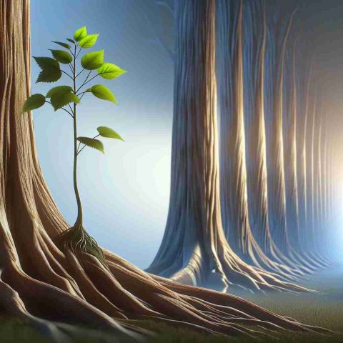 An HD realistic depiction of a metaphorical concept: a small, vibrant sprouting plant on the left, symbolising a thriving but relatively new artificial intelligence company. It's surpassing a row of towering and seemingly invincible, ancient trees on the right, representing the major, established industry giants. The perspective illustrates the plant towering above these trees, symbolising it surpassing all odds and rising above the competition in a surprising, impressive manner.