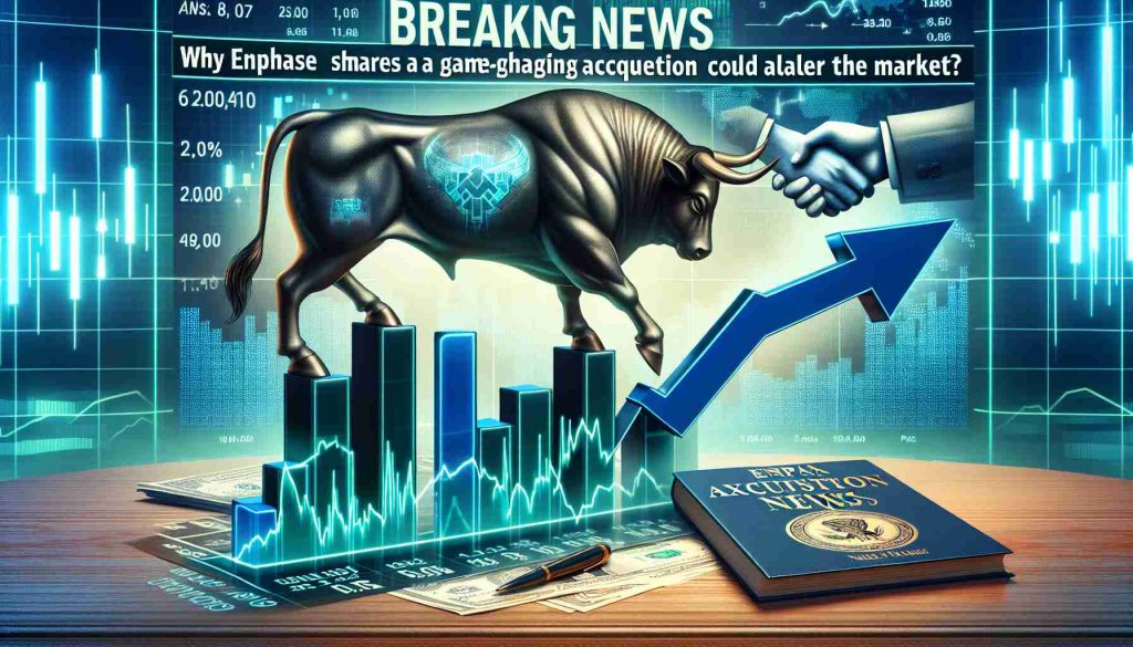 Realistic detailed illustration of a breaking news scene on the economic or financial sector where the headline displays 'Why Enphase Shares Are the Talk of Wall Street! A Game-Changing Acquisition Could Alter the Market.' The seesaw of the stocks illustrated on the side showcasing the significant upward trend of a certain electronic company's stocks, metaphorically represented by a stamped bull standing tall on a graph chart showing an uptick. The corporate acquisition news is signified by a handshake symbol or merged logos of two tech companies imposed in the background.