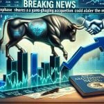 Realistic detailed illustration of a breaking news scene on the economic or financial sector where the headline displays 'Why Enphase Shares Are the Talk of Wall Street! A Game-Changing Acquisition Could Alter the Market.' The seesaw of the stocks illustrated on the side showcasing the significant upward trend of a certain electronic company's stocks, metaphorically represented by a stamped bull standing tall on a graph chart showing an uptick. The corporate acquisition news is signified by a handshake symbol or merged logos of two tech companies imposed in the background.