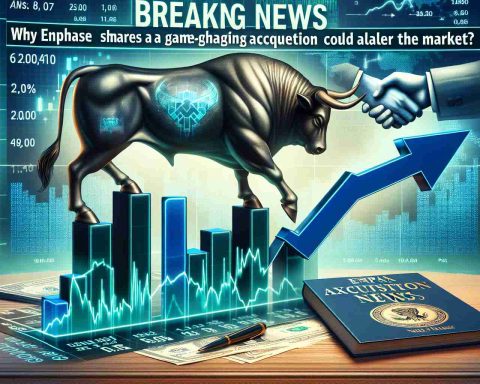 Realistic detailed illustration of a breaking news scene on the economic or financial sector where the headline displays 'Why Enphase Shares Are the Talk of Wall Street! A Game-Changing Acquisition Could Alter the Market.' The seesaw of the stocks illustrated on the side showcasing the significant upward trend of a certain electronic company's stocks, metaphorically represented by a stamped bull standing tall on a graph chart showing an uptick. The corporate acquisition news is signified by a handshake symbol or merged logos of two tech companies imposed in the background.