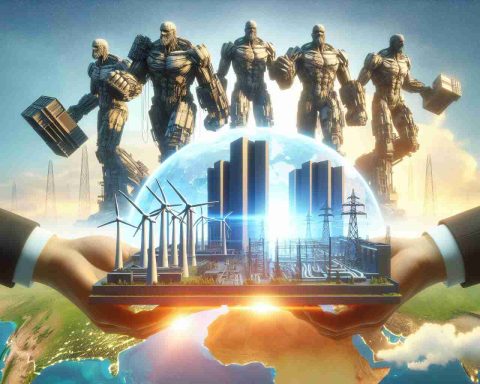 A high-definition, realistic picture that depicts a symbolic representation of a transformative energy investment. This involves four colossal, titanic structures, represented as immense metaphorical giants, cooperating together in a distinct global context. They are set against a backdrop of the world, evocatively symbolising international collaboration and change energy sector. There is dynamism and a sense of power in the picture that communicates the idea of 'game-changing'.